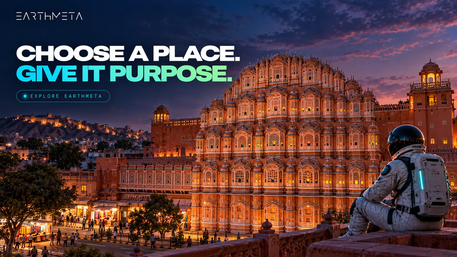 EarthMeta illustration of Jaipur's Hawa Mahal: choose a recognisable place and give it a creative purpose