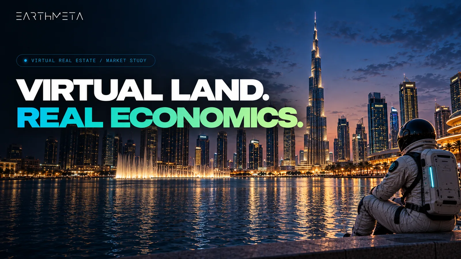 EarthMeta cover: a faceless astronaut overlooking the Dubai skyline at night, headline Virtual land. Real economics.