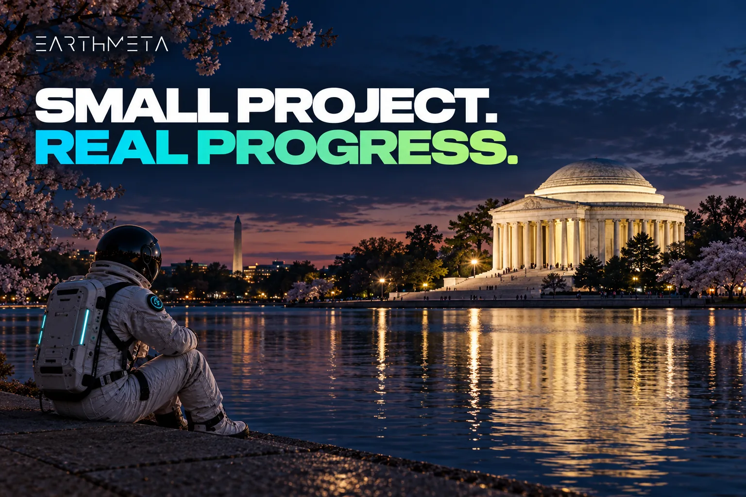 EarthMeta editorial illustration: an astronaut by the Jefferson Memorial and Tidal Basin in Washington, DC, with the headline Small project, real progress