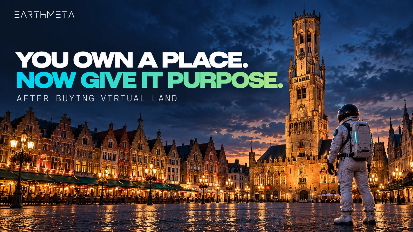 Bruges Markt square and its medieval Belfry at dusk, with a faceless astronaut looking into the square: ownership begins a new creative chapter (original conceptual EarthMeta artwork)