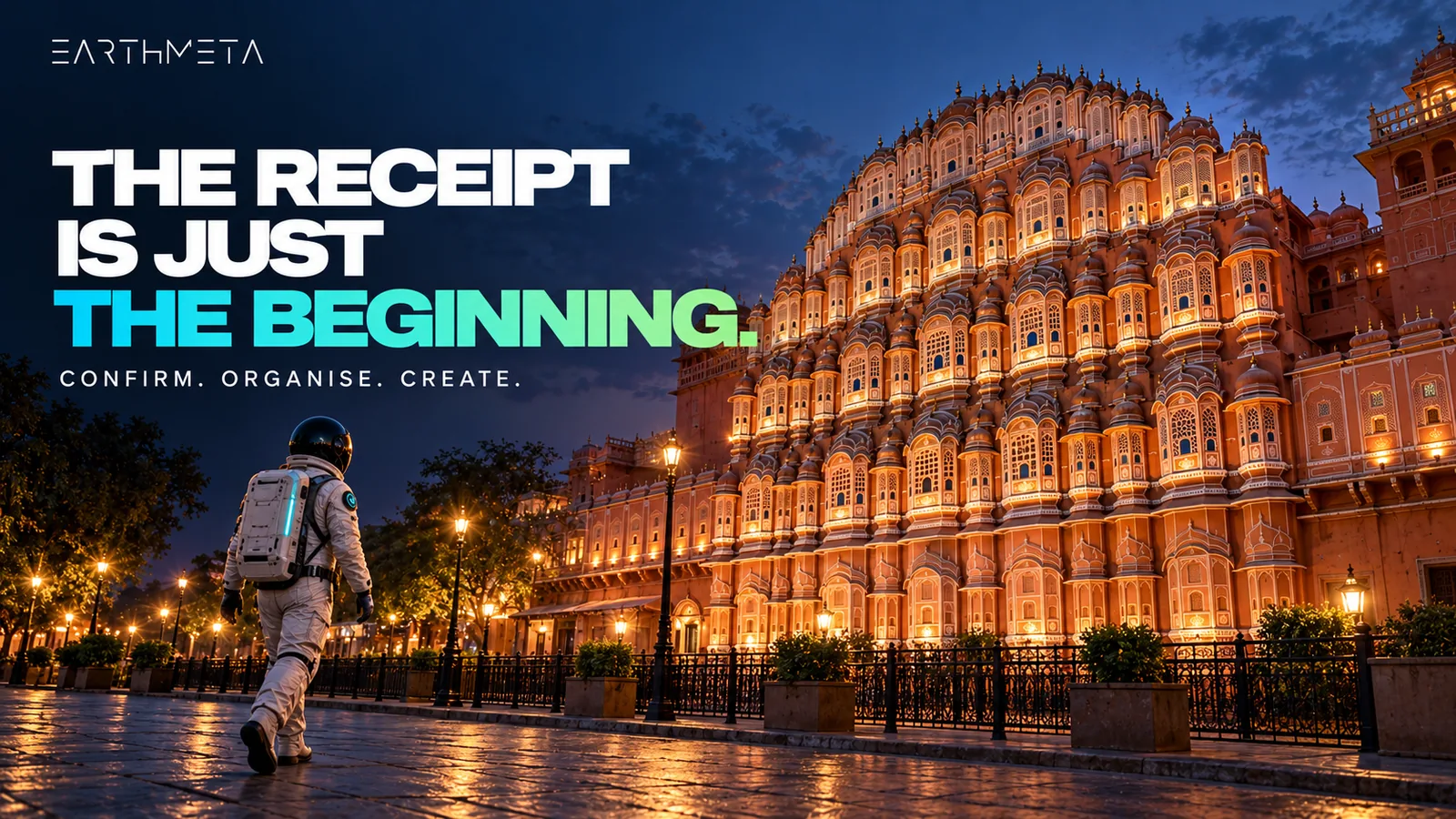 The pink sandstone honeycomb facade of Hawa Mahal in Jaipur at dusk, with a faceless astronaut walking past: confirm the purchase and organise the project (original conceptual EarthMeta artwork)