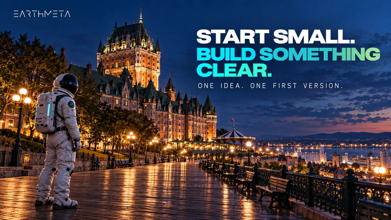 Château Frontenac seen from Dufferin Terrace in Québec City at blue hour, with a faceless astronaut on the boardwalk: begin with one coherent first version (original conceptual EarthMeta artwork)