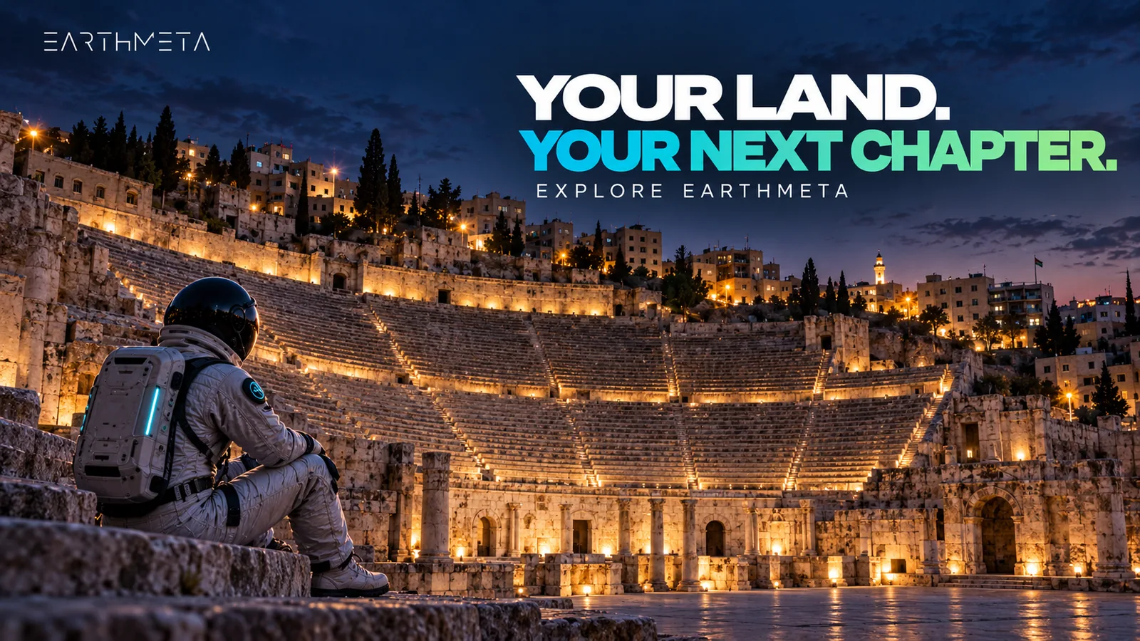 The semicircular limestone tiers of the Roman Theatre in Amman at dusk, with a faceless astronaut seated on a stone step: choose the next chapter for your digital place (original conceptual EarthMeta artwork)