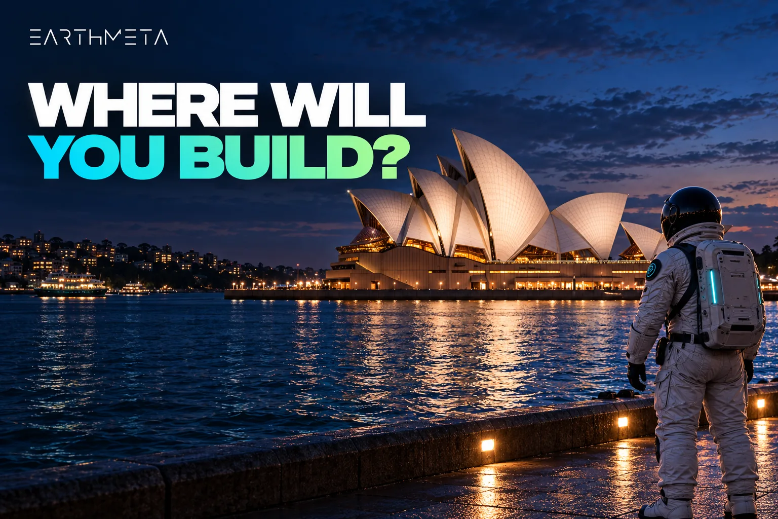 EarthMeta cover artwork: a faceless astronaut overlooking the Sydney Opera House at blue hour, with the headline Where will you build?
