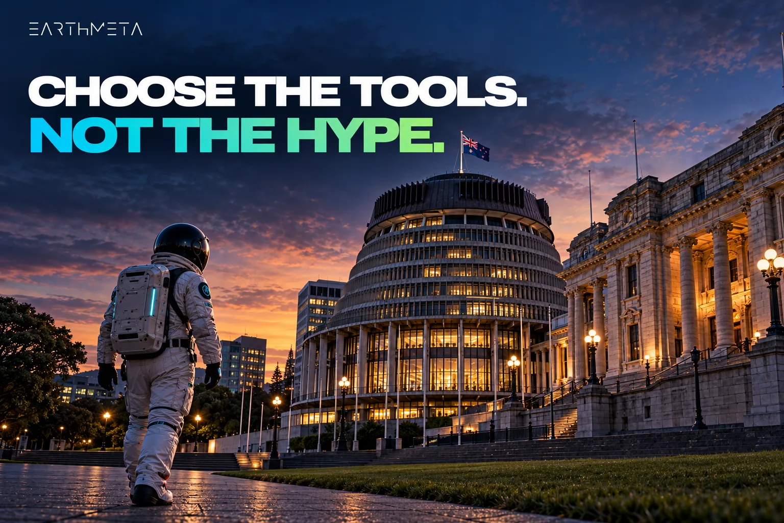 EarthMeta illustration of Wellington’s Beehive and Parliament House at dusk with an astronaut and the headline Choose the tools, not the hype