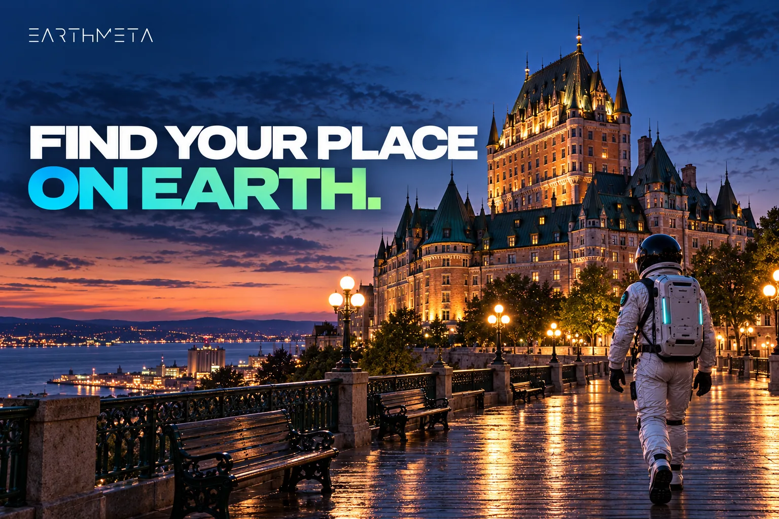 EarthMeta illustration of Quebec City’s Chateau Frontenac seen from Dufferin Terrace in the evening, with an astronaut and the headline Find your place on Earth